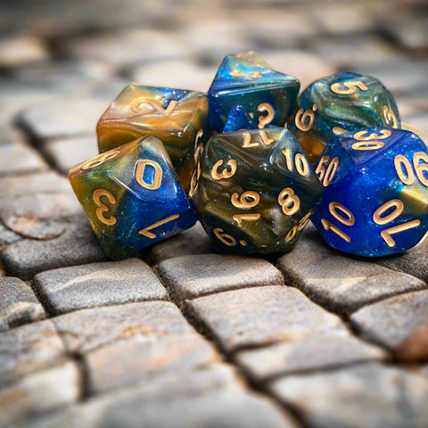 Ray's Dungeon Dice (7 Pcs. Steampunk's Hand Marble Swirl with Gold Numbers)