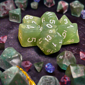 Ray's Dungeon Dice (7 Pcs. Sparkly Green Pixie Dust with White Numbers)