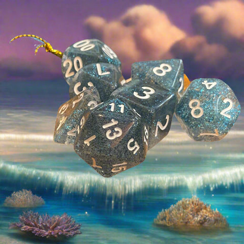 Ray's Dungeon Dice (7 Pcs. Sparkly Clear Seas with White Numbers)