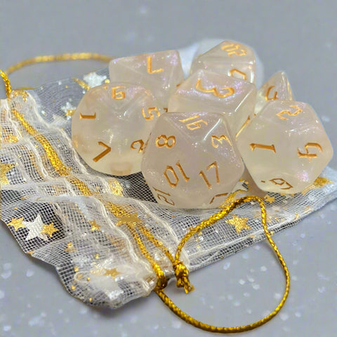 Ray's Dungeon Dice (7 Pcs. Sparkly Angel Clear with Golden Numbers)