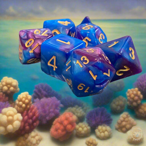 Ray's Dungeon Dice (7 Pcs. Magical Mermaid Marble Swirl with Gold Numbers)