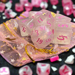 Ray's Dungeon Dice (7 Pcs. Mystical Lover Sparkly Cloudy with Gothic Pink Numbers)