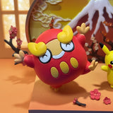 Red and yellow cartoon-like character with a surprised expression on a decorative background