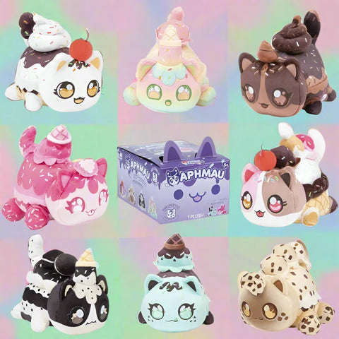Collection of colorful plush toys with a central box labeled 'Aphmau' on a white background.