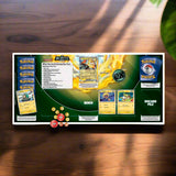 Pokémon trading card game setup with cards and tokens on a green playmat.