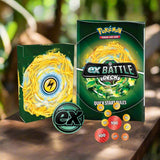 Pokémon trading card game packaging with ex Battle Deck and related items on a white background
