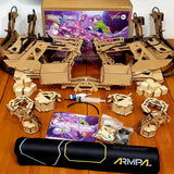 ARMPAL complete 3D wooden tabletop game kit with two robotic arms, attachments, blocks, instructions, and play mat
