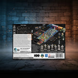Board game packaging for 'Game of Thrones' with miniatures and components on a dark background